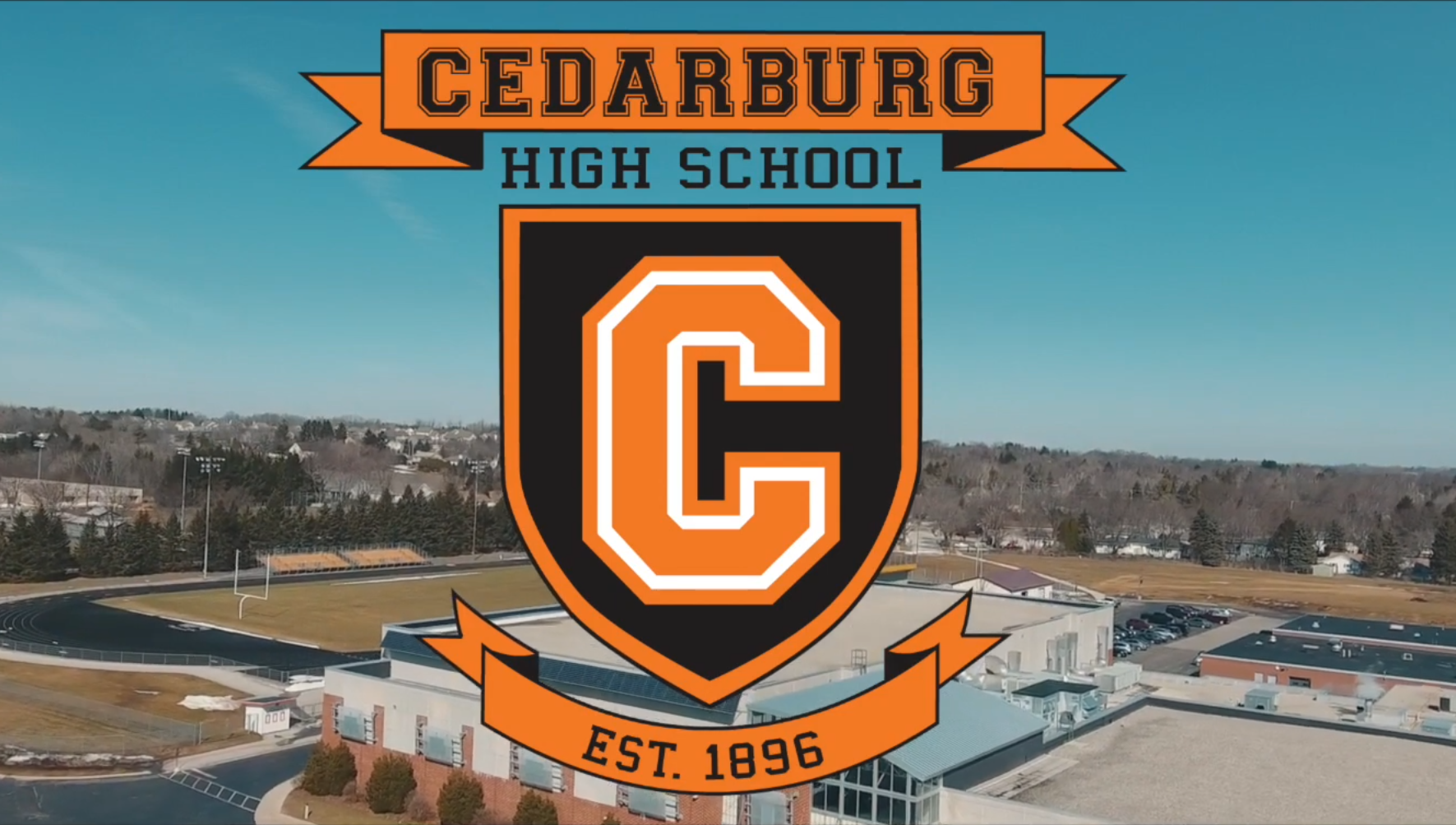 Cedarburg High School aerial view with logo
