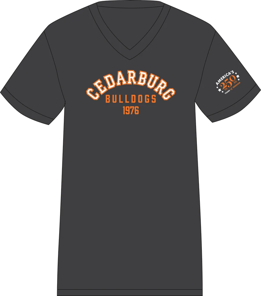 Black ladies' V-neck Cedarburg Bulldogs 1976 t-shirt with America's 250 Years of Freedom sleeve print
